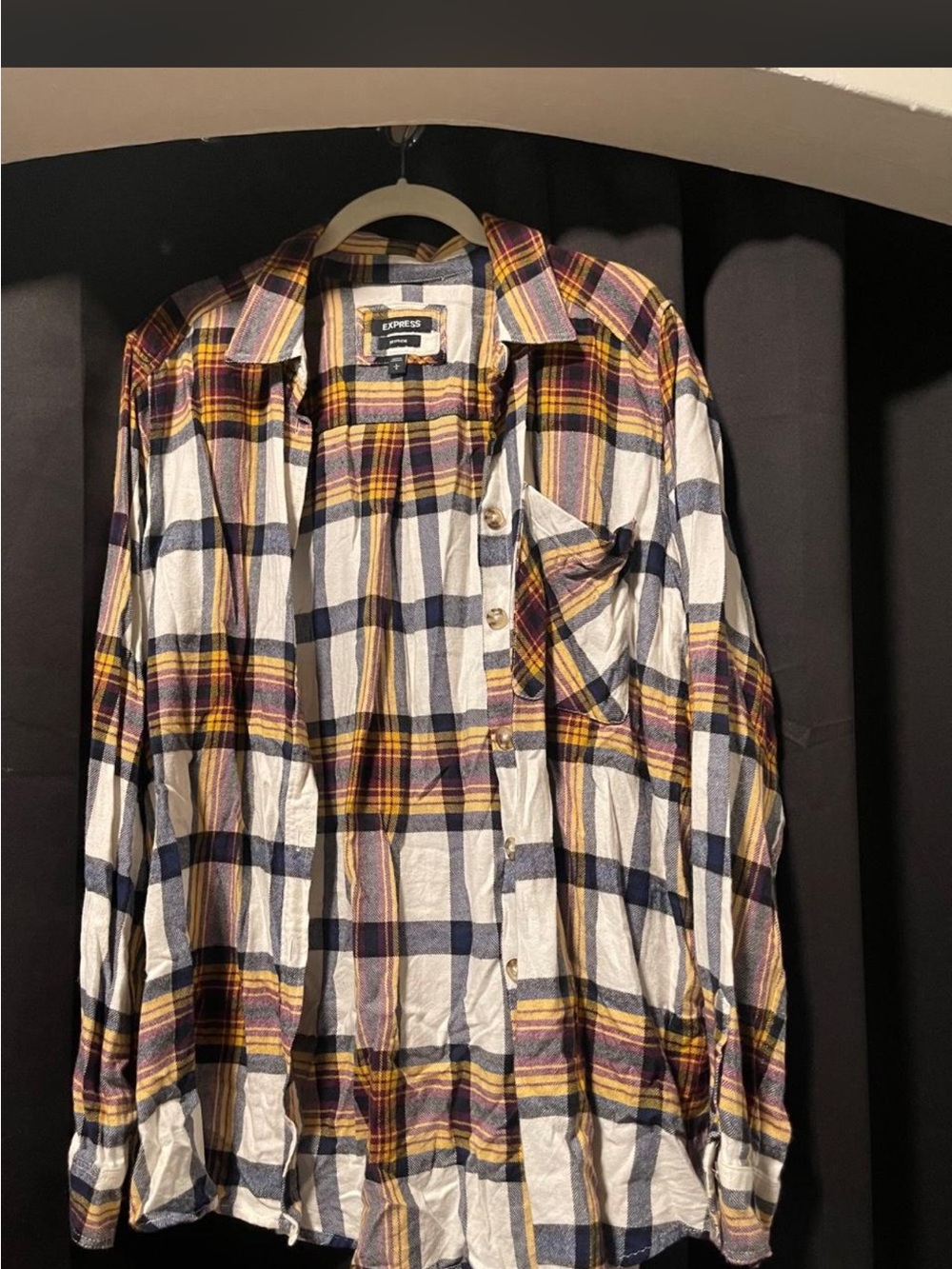 Express Men's Plaid Button-Down Shirt in White, Navy and Yellow